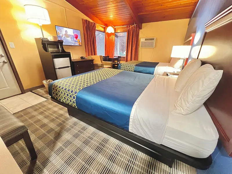 King room with a large bed and warm orange walls beside a window